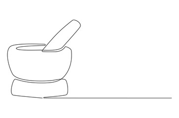 Continuous one line drawing of Mortar and pestle. Single line drawing illustration of Retro Mortar and Pestle. Bowl leaves therapy drug eco concept vector art. Doodle line illustration.