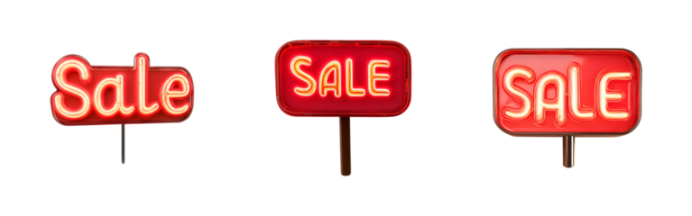 Set of Neon sign glowing with the word "Sale" isolated on transparent background, cut out	