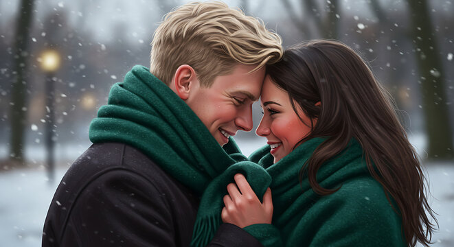 A couple sharing a single scarf, cheeks flushed from the cold, foreheads touching, visible breath in the air, emotional expression, realistic detail.
