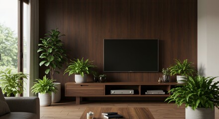 Modern Living Room with Dark Wood Wall and Flat Screen TV