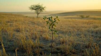 A small sapling stands alone in a vast field at dawn.