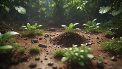 Obraz premium Tiny coffee sprouts break through earth, surrounded by lush foliage , tropical, earth