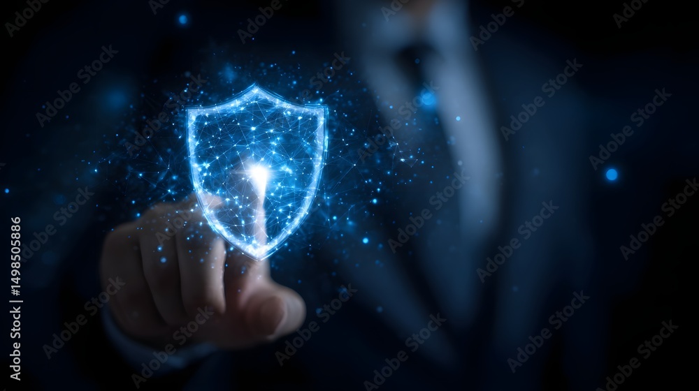 Poster of a businessman connecting a security shield interface to protect digital information and network s