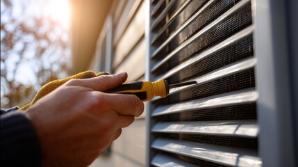 Hand Using Screwdriver on Vent with Sunlight in Background