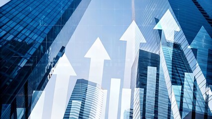 Skyrocketing Business Growth Modern Skyscrapers and Upward Trending Arrows Illustrating Financial Success and Urban Development