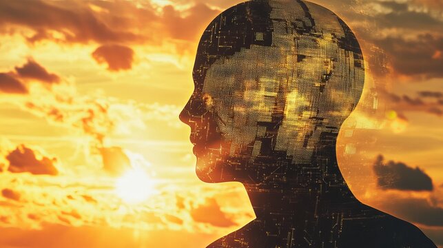 Digital Human Silhouette Sunset Background AI Technology Concept Futuristic Golden Hour Artificial Intelligence Network Data Processing Modern Elegant Design Abstract