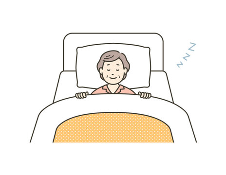 recommend clip art: ベッドで笑顔で熟睡するパジャマ姿の高齢女性のイラスト