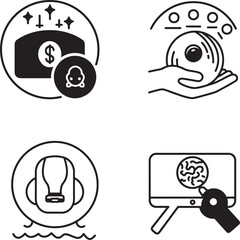 Naklejka premium Four black and white silhouette icons illustrating concepts of finance data and technology