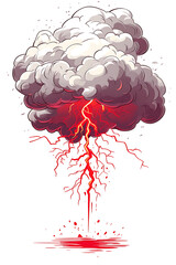 Dramatic illustration of a thunderstorm with dark clouds and striking red lightning bolts