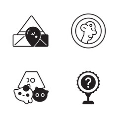 Four minimalist icon designs featuring location face question mark and cat silhouettes