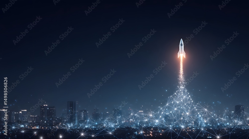 Poster a rocket taking off symbolizes the launch of a startup venture with digital network lines connecting