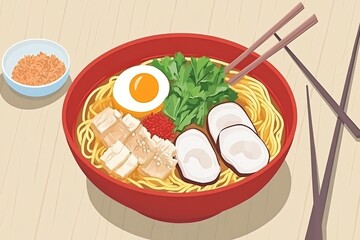 Cooking flavorful ramen with broth and toppings Japanese cuisine no text