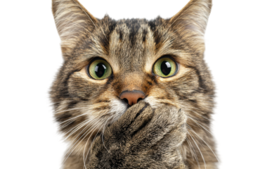 Tabby cat with surprised expression and paw covering mouth, cut out