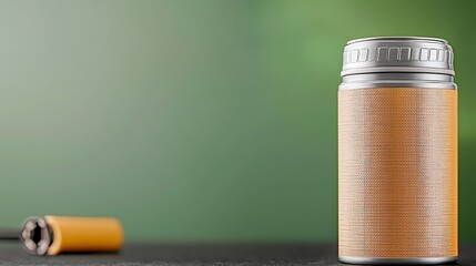 Close-up of a vibrant orange canister on a dark surface with a blurred green background