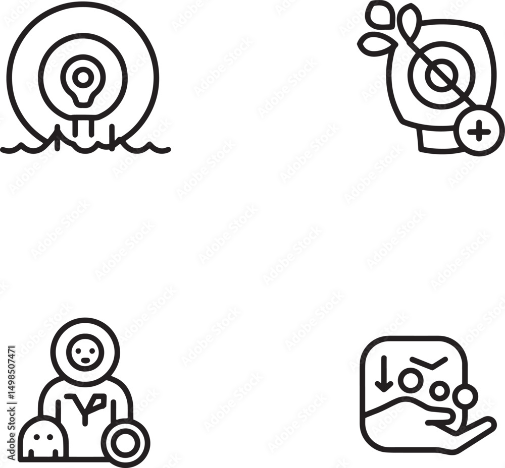 Poster minimalist icon set illustrating various concepts in clean and simplified outlined style