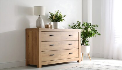 Cozy wooden chest of drawers with decor and plants in a bright bedroom.