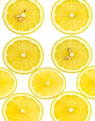 Juicy Lemon Slices Arranged in Overlapping Pattern with Juice Droplets on Isolated White Background