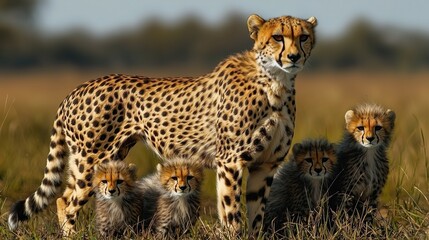 Cheetah Mother with Four Adorable Cubs in the African Savannah