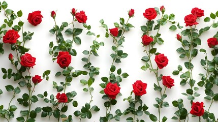 Trailing red rose vine with lush green leaves in a delicate floral pattern