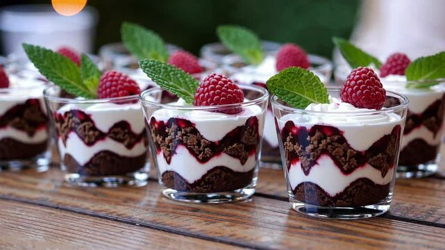 Delectable raspberry parfait presentation on rustic table setting