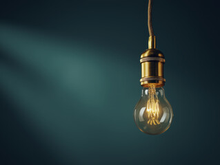 Golden light bulb hangs from ceiling, radiating warm and inviting glow, creating cozy and comforting atmosphere with its soft illumination against dark background