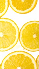 Juicy Lemon Slices Arranged in Overlapping Pattern with Juice Droplets on Isolated White Background
