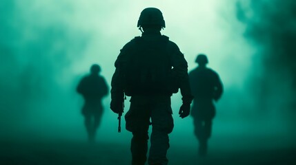 Fototapeta premium Soldiers traversing a smoky battlefield during a confrontation.