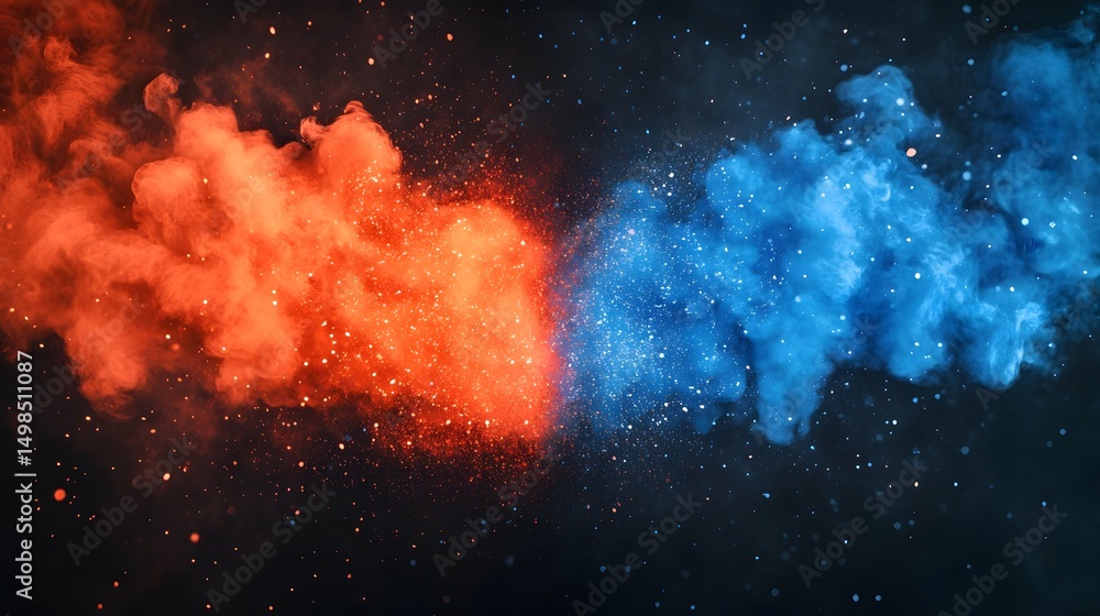 Poster explosive abstract celestial display of red and blue sparks