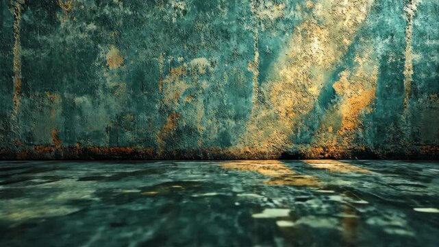 Weathered teal and rust textured wall with reflective floor