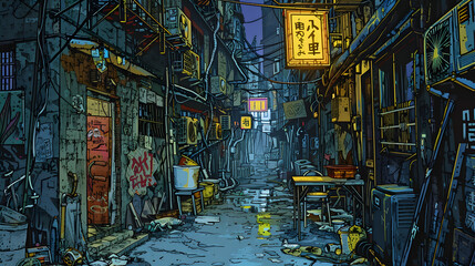 A realistic depiction of a narrow urban alleyway