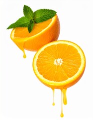 Juicy Orange Halves with Juice Dripping and Fresh Mint on Isolated White Background Setting