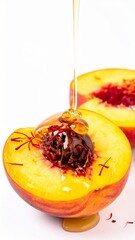 Juicy Peach Halves with Honey Drizzle and Saffron Strands on Isolated White Background Setting