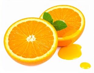 Juicy Orange Halves with Juice Dripping and Fresh Mint on Isolated White Background Setting