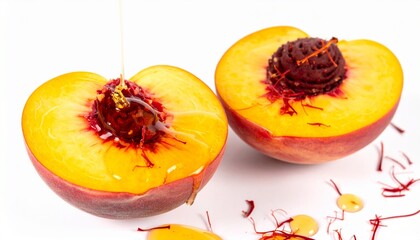 Juicy Peach Halves with Honey Drizzle and Saffron Strands on Isolated White Background Setting
