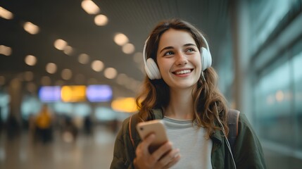 Smiling tourist standing in an airport or train station using a smartphone while wearing headphones and carrying a suitcase