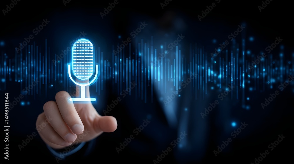 Poster close up of a person s hand touching the microphone icon on a smartphone screen indicating the use o