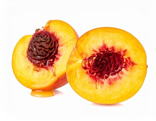 Juicy Peach Halves with Honey Drizzle and Saffron Strands on Isolated White Background Setting