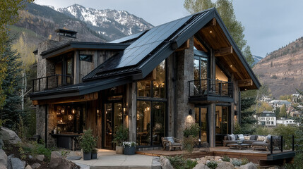 Sleek modern solar panels installed on a luxury Aspen chalet, snow-capped mountain backdrop. Bright day, clean energy, sustainable and eco-friendly architecture.