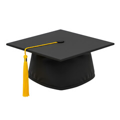 Black graduation cap with a yellow tassel, symbolizing academic achievement, isolated on white or transparent background. PNG