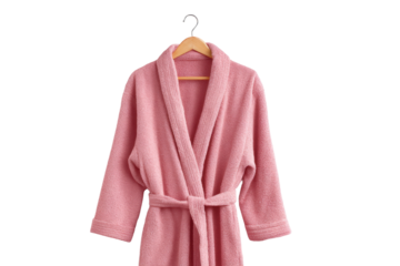 Soft pink terry bathrobe on wooden hanger: cozy loungewear, cut out
