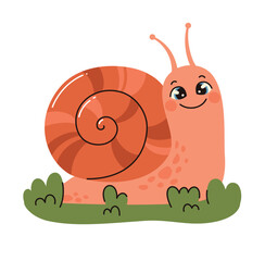 Cute pink snail sitting on the grass. Flat vector illustration.