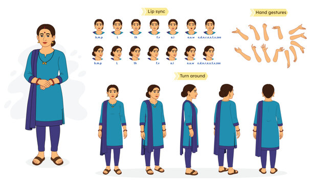 An Indian Woman Character Constructor. Indian Woman Creation Set. Indian Woman Character Model Sheet with Lip Sync, Hand Gestures. Indian Woman in Suit & Salwar. 