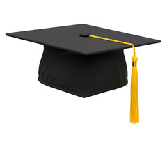 Black graduation cap with a yellow tassel, symbolizing academic achievement, isolated on white or transparent background. PNG
