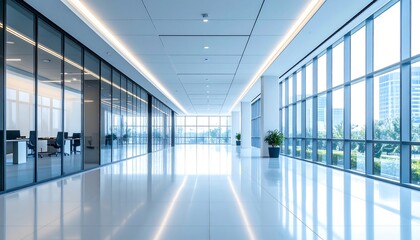 Obraz premium Modern Office Hallway with Large Windows and Reflection Business Architecture.