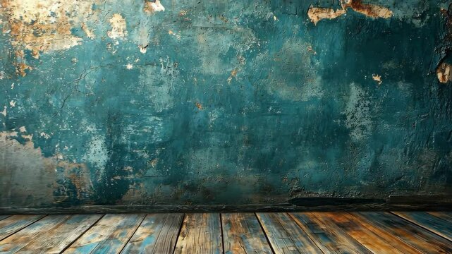 Weathered teal wall and rustic wooden floor.  Perfect backdrop for vintage or grunge designs