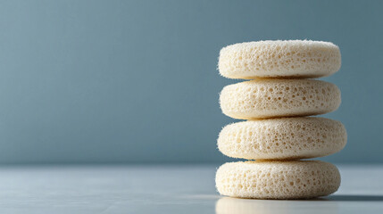 Close-up of natural shower loofah sponges placed on a bright minimal background. Eco-friendly bath accessory for cleansing and exfoliation, symbolizing wellness, hygiene, and sustainable living.