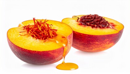 Juicy Peach Halves with Honey Drizzle and Saffron Strands on Isolated White Background Setting
