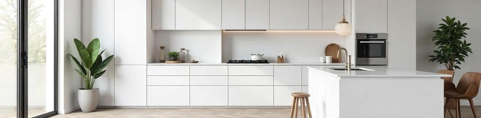 Sleek minimalist kitchen design featuring stainless steel appliances, white cabinetry, and a quartz countertop  Perfect for modern home d?cor inspiration ,  cookware,  clean lines,  dining area