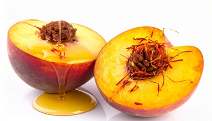 Juicy Peach Halves with Honey Drizzle and Saffron Strands on Isolated White Background Setting
