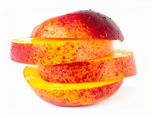 Juicy Peach Slices Stacked with Juice Droplets in Artistic Pattern on Isolated White Background